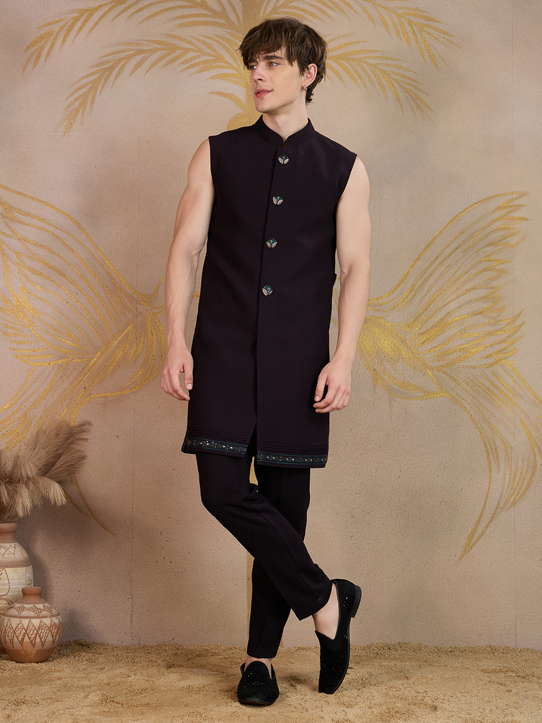 GARNET WINE PEACOCK EMBROIDERED INDO-WESTERN