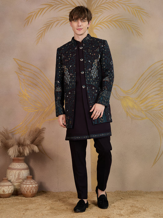 GARNET WINE PEACOCK EMBROIDERED INDO-WESTERN