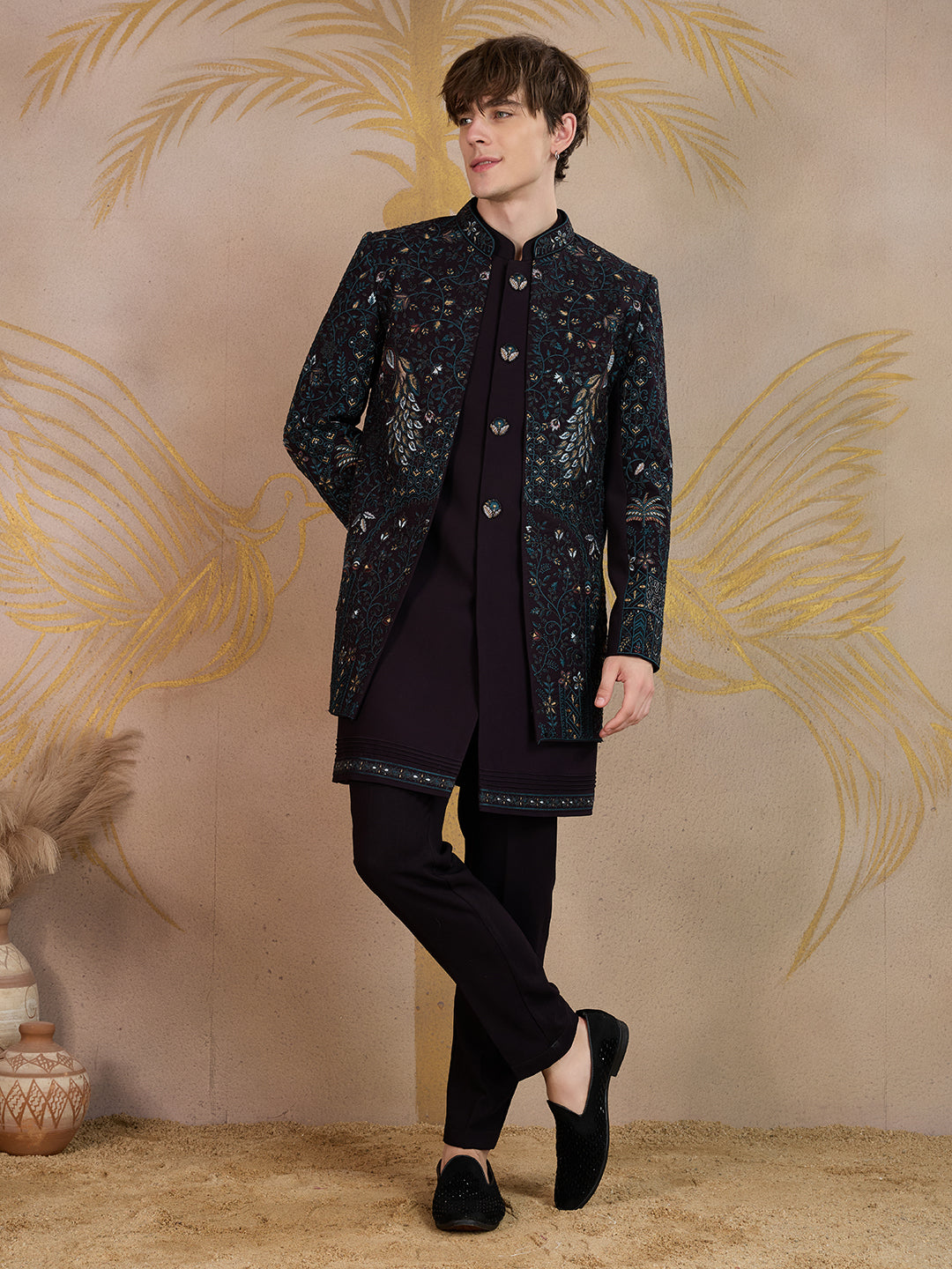 GARNET WINE PEACOCK EMBROIDERED INDO-WESTERN