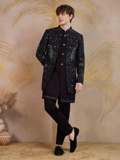 GARNET WINE PEACOCK EMBROIDERED INDO-WESTERN