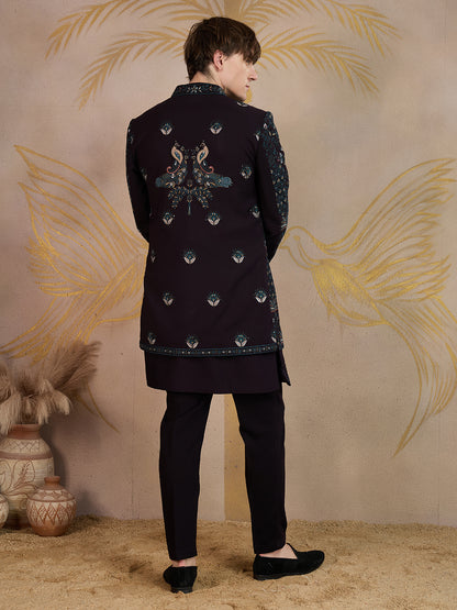GARNET WINE PEACOCK EMBROIDERED INDO-WESTERN