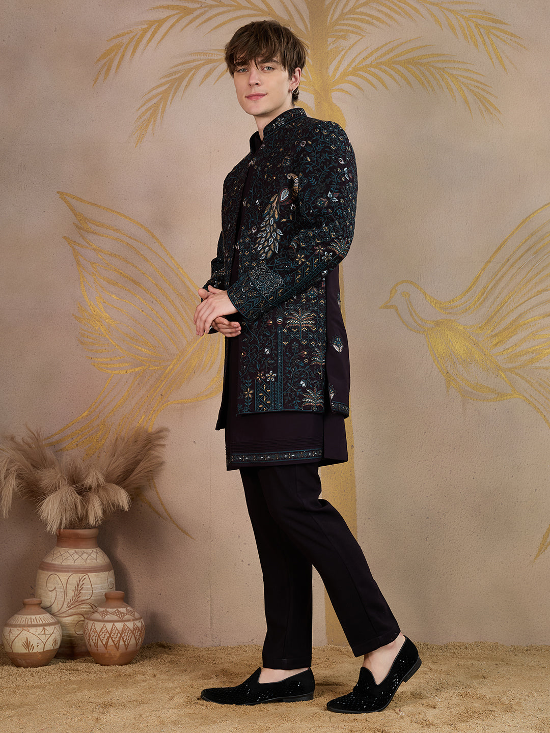 GARNET WINE PEACOCK EMBROIDERED INDO-WESTERN