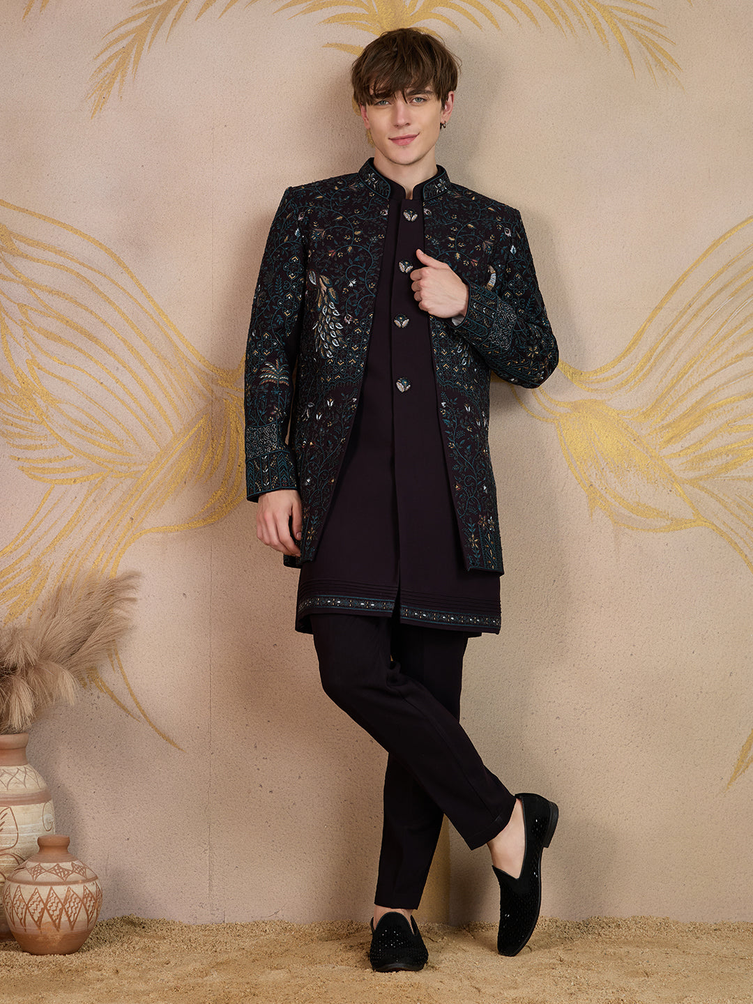 GARNET WINE PEACOCK EMBROIDERED INDO-WESTERN