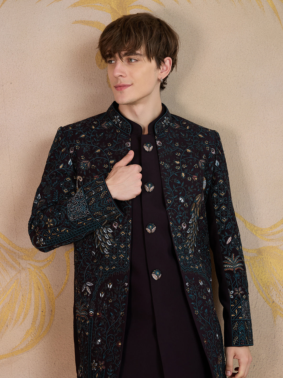 GARNET WINE PEACOCK EMBROIDERED INDO-WESTERN
