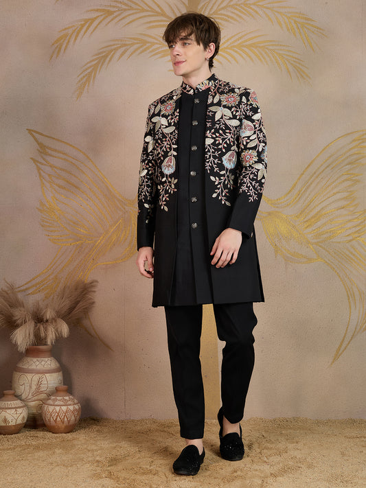 BLACK INTRICATELY FLORAL EMBROIDERY INDOWESTERN SET
