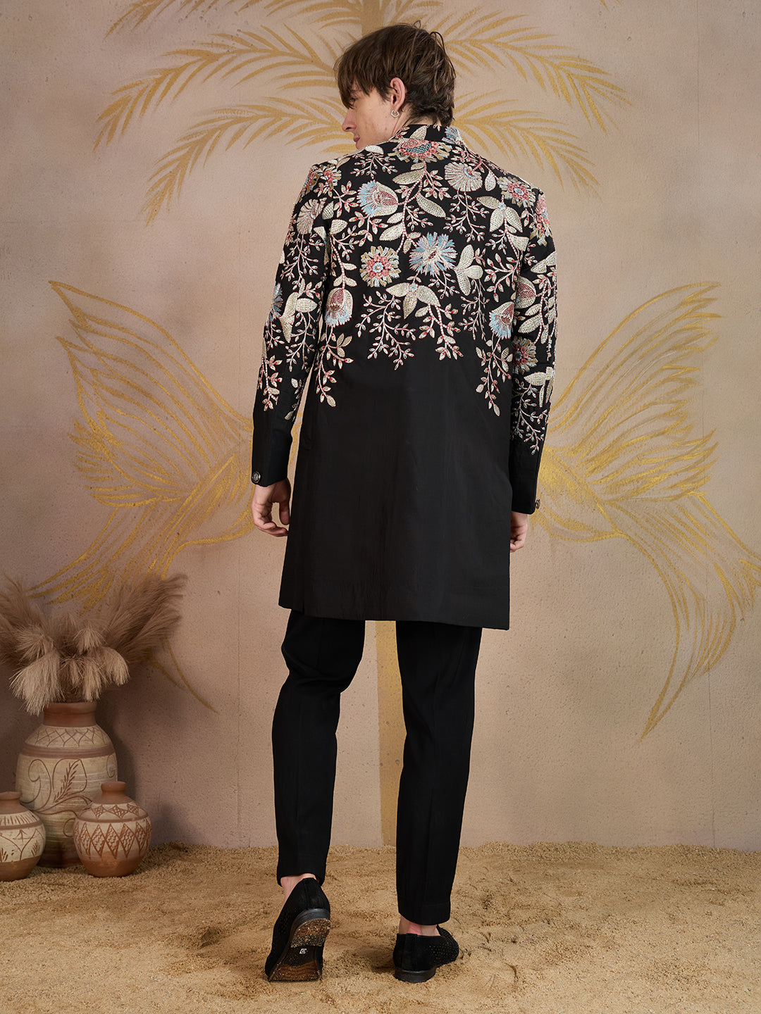 BLACK INTRICATELY FLORAL EMBROIDERY INDOWESTERN SET
