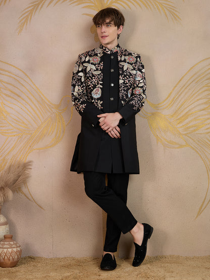 BLACK INTRICATELY FLORAL EMBROIDERY INDOWESTERN SET