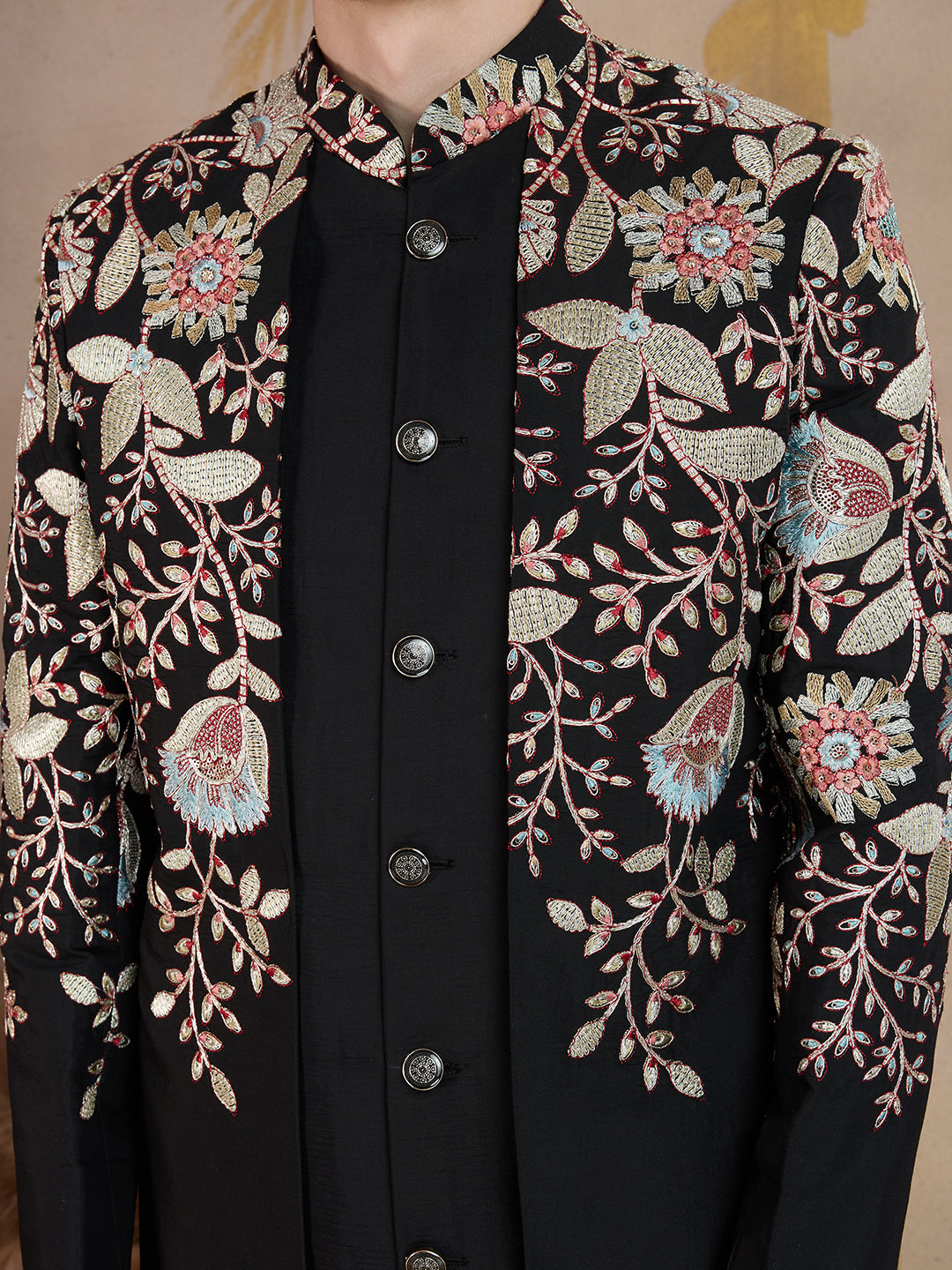 BLACK INTRICATELY FLORAL EMBROIDERY INDOWESTERN SET