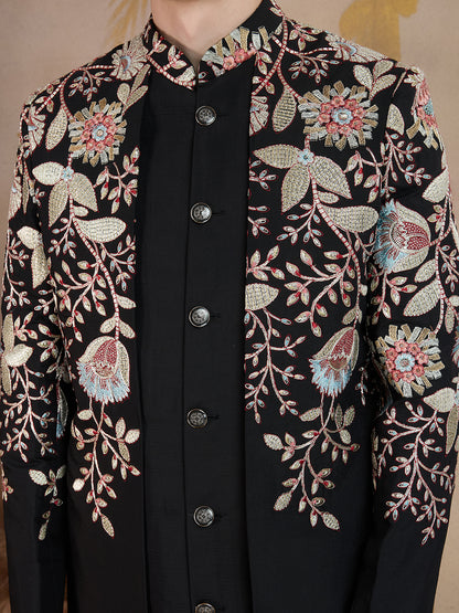 BLACK INTRICATELY FLORAL EMBROIDERY INDOWESTERN SET