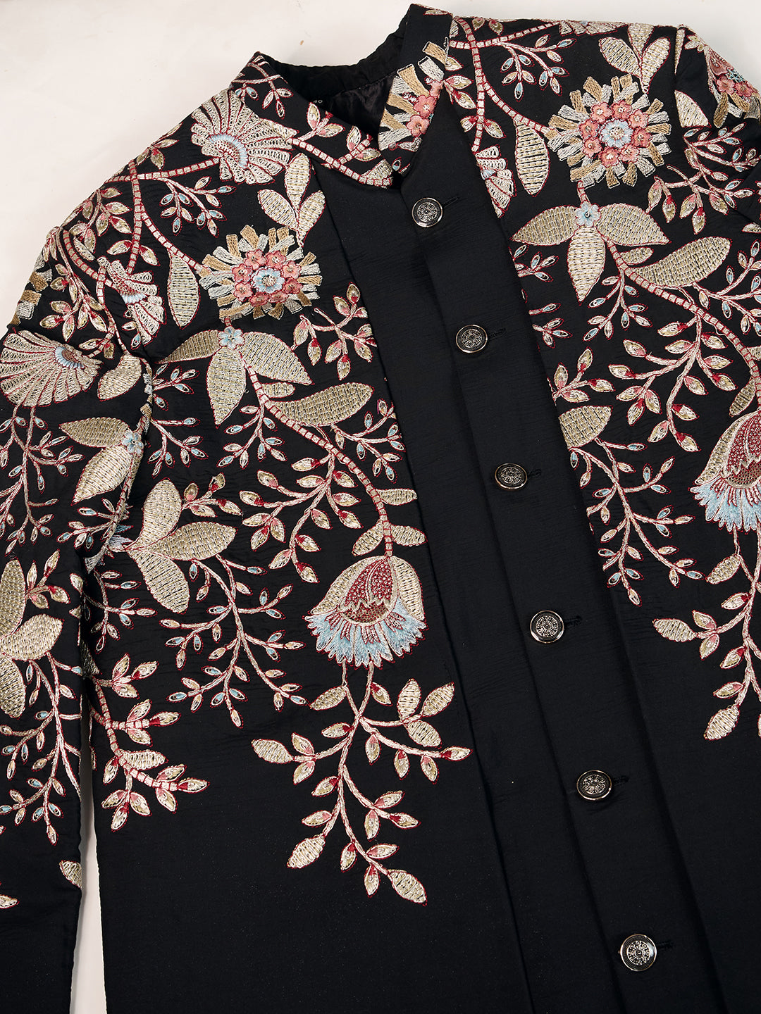BLACK INTRICATELY FLORAL EMBROIDERY INDOWESTERN SET