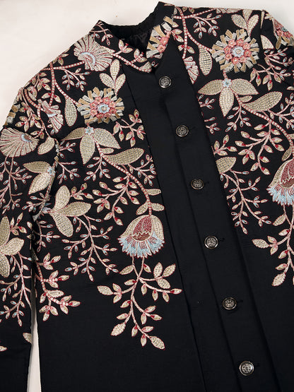 BLACK INTRICATELY FLORAL EMBROIDERY INDOWESTERN SET