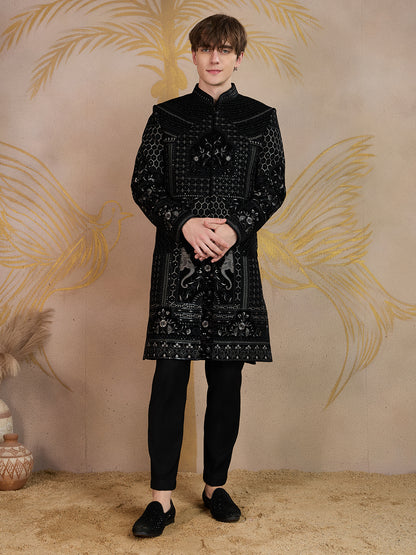 REGAL BLACK EMBROIDERED SHERWANI WITH INTRICATE DETAILING