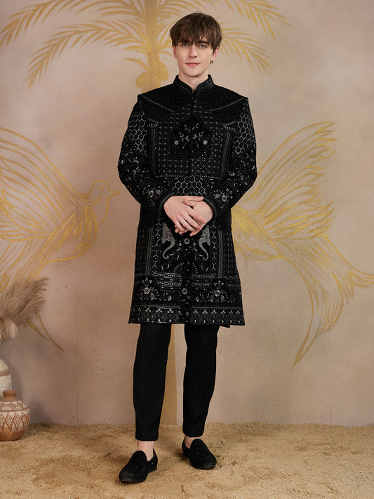REGAL BLACK EMBROIDERED SHERWANI WITH INTRICATE DETAILING