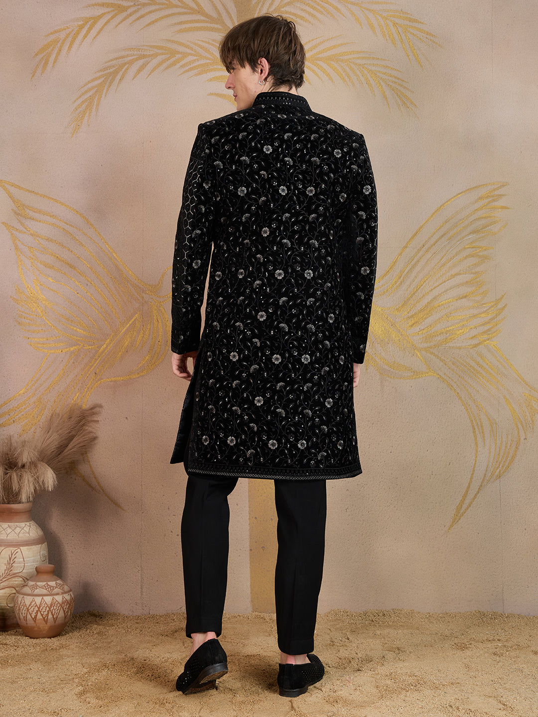REGAL BLACK EMBROIDERED SHERWANI WITH INTRICATE DETAILING