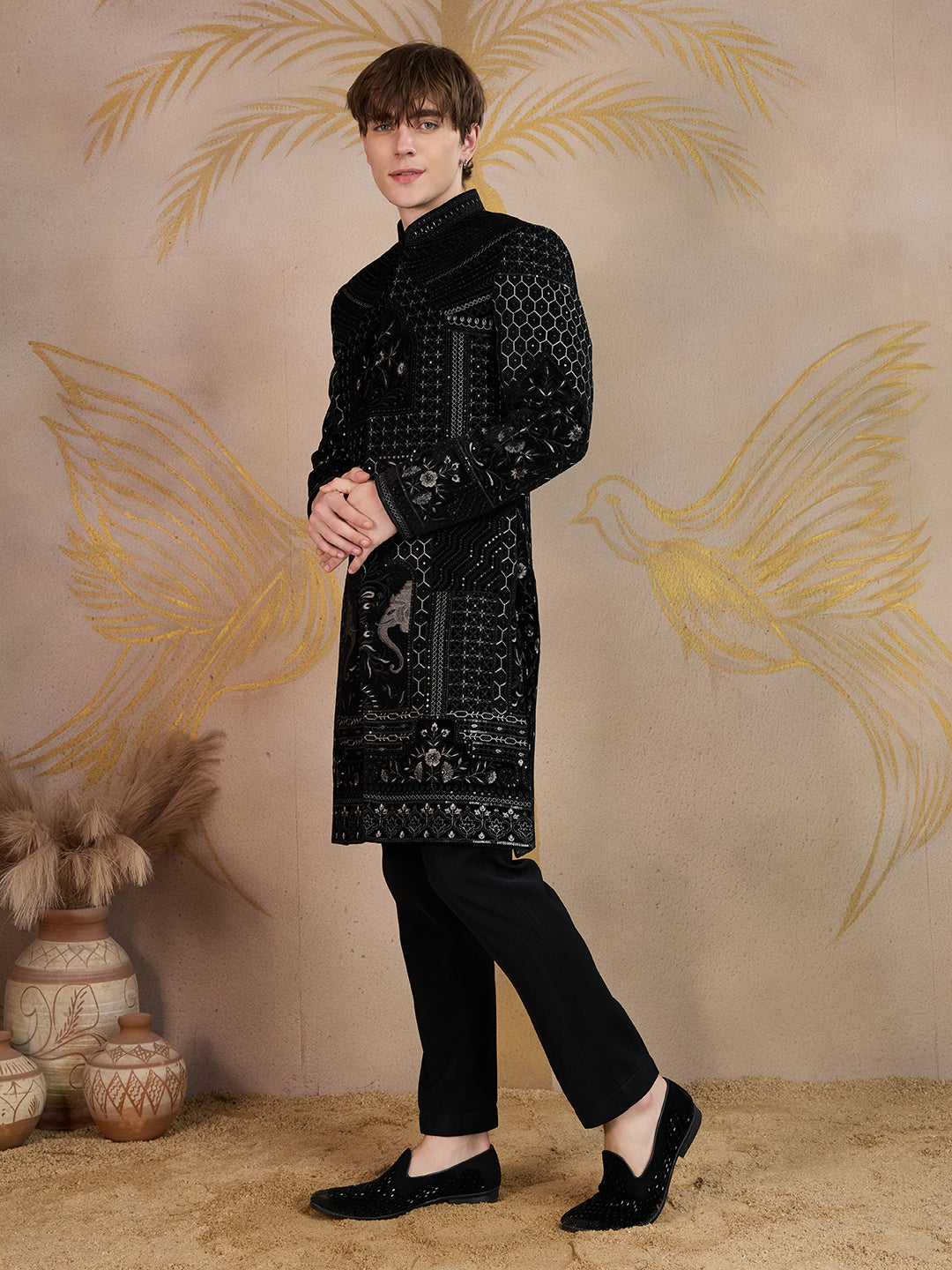 REGAL BLACK EMBROIDERED SHERWANI WITH INTRICATE DETAILING