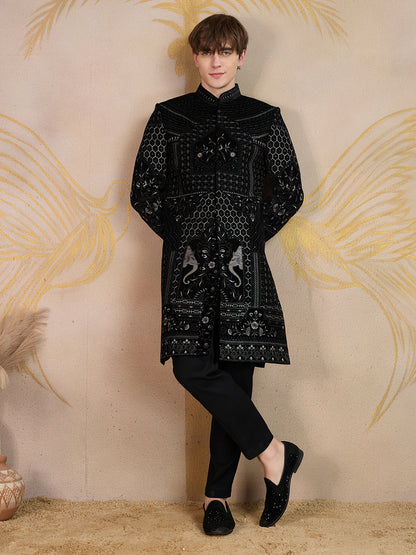 REGAL BLACK EMBROIDERED SHERWANI WITH INTRICATE DETAILING