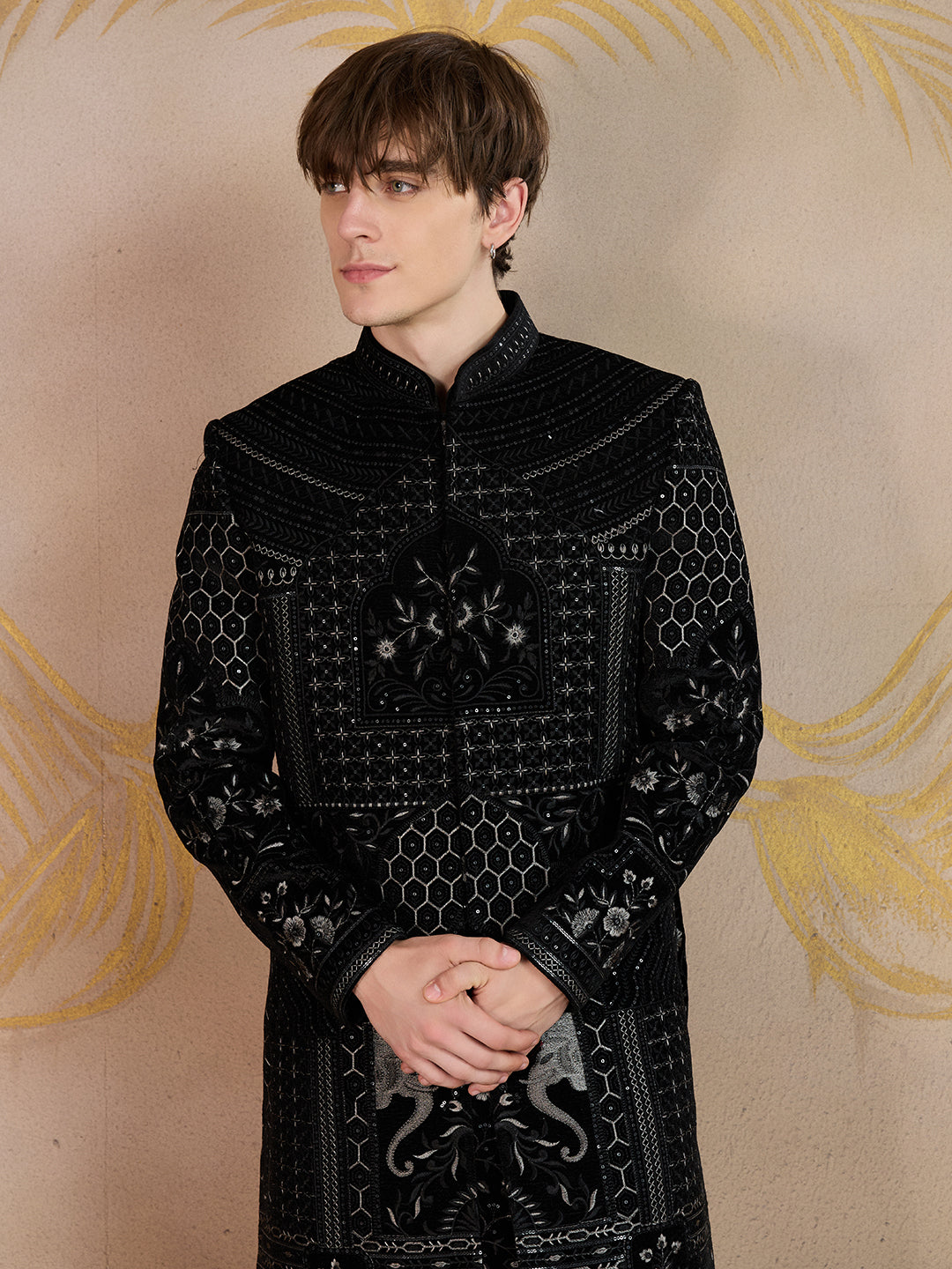 REGAL BLACK EMBROIDERED SHERWANI WITH INTRICATE DETAILING