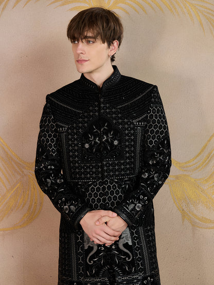 REGAL BLACK EMBROIDERED SHERWANI WITH INTRICATE DETAILING