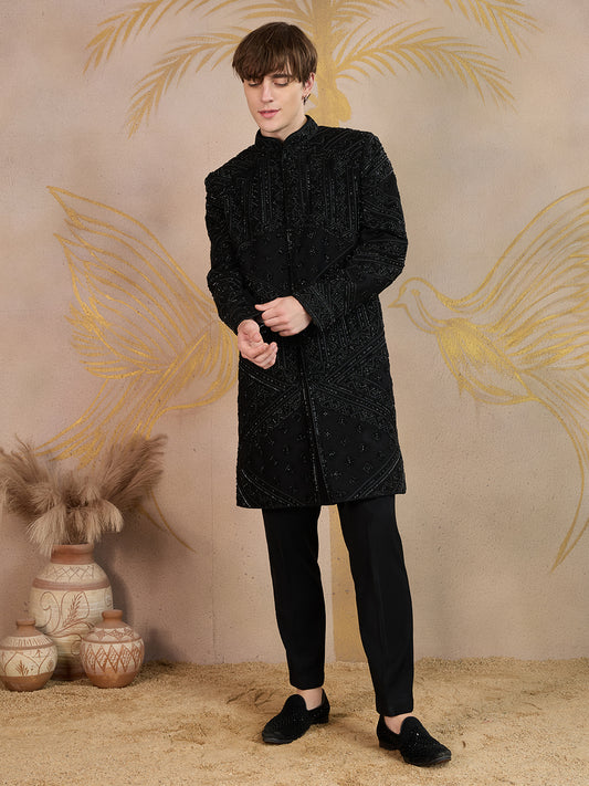 ELEGANT BLACK SHERWANI WITH GEOMETRIC BEAD EMBROIDERY WORK