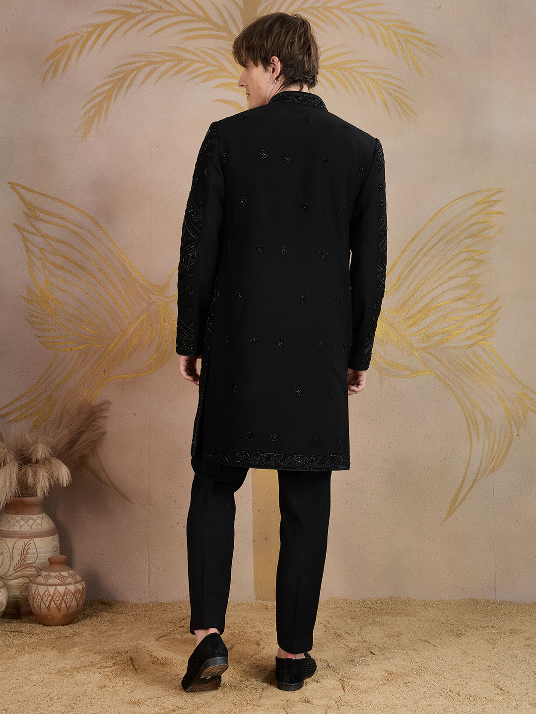 ELEGANT BLACK SHERWANI WITH GEOMETRIC BEAD EMBROIDERY WORK
