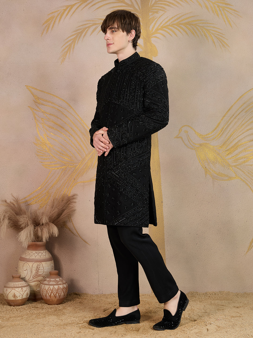ELEGANT BLACK SHERWANI WITH GEOMETRIC BEAD EMBROIDERY WORK