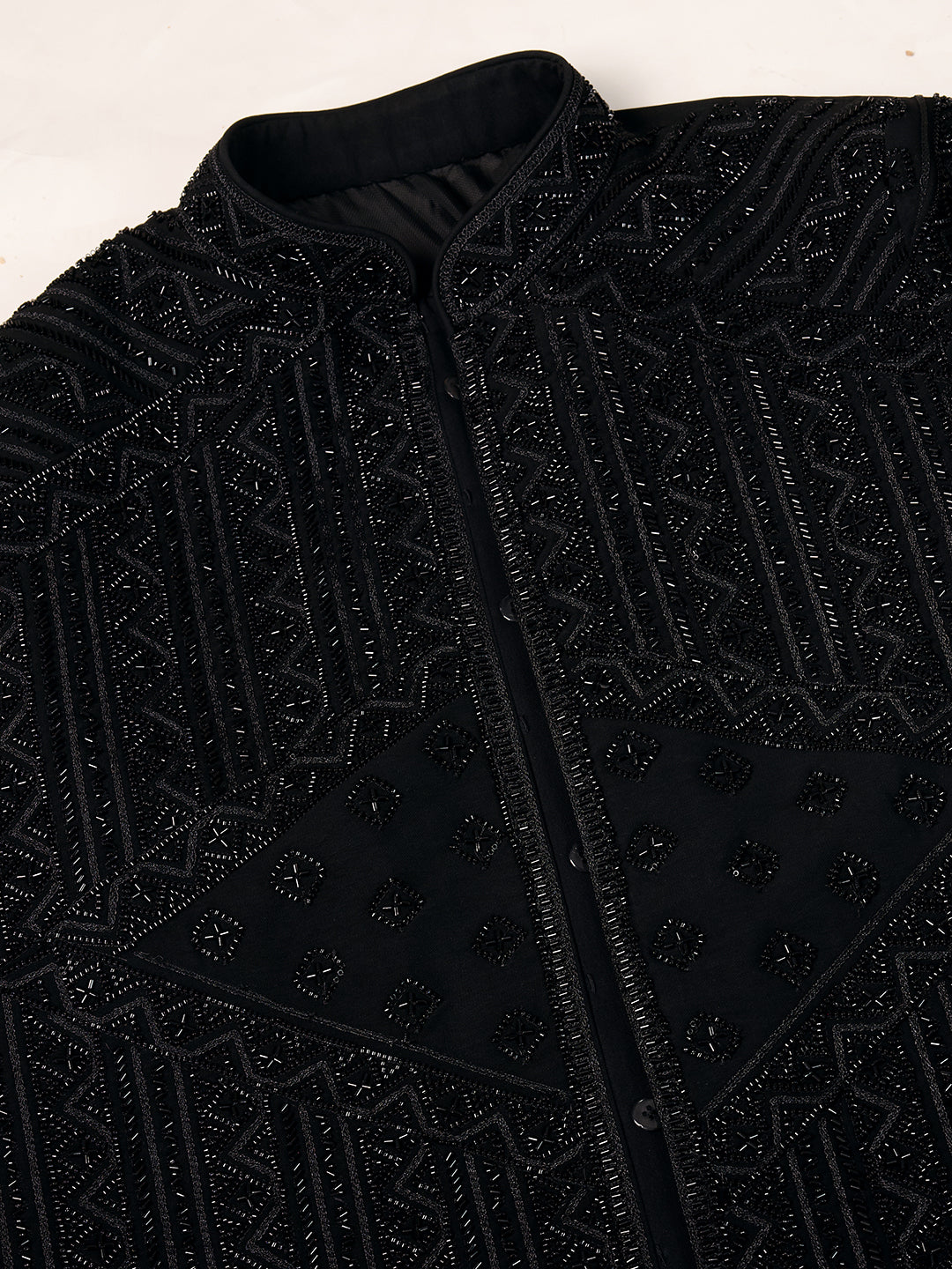 ELEGANT BLACK SHERWANI WITH GEOMETRIC BEAD EMBROIDERY WORK