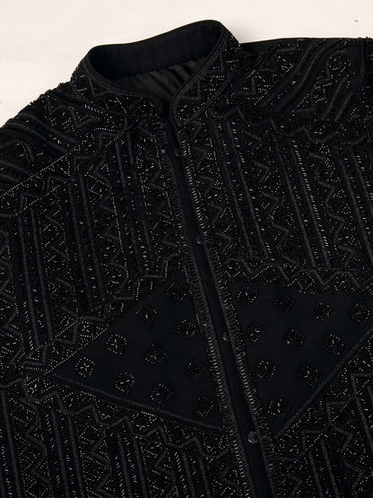 ELEGANT BLACK SHERWANI WITH GEOMETRIC BEAD EMBROIDERY WORK