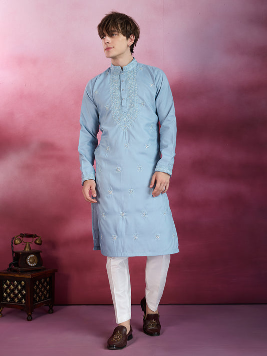 SKY BLUE NECK WORK KURTA SET