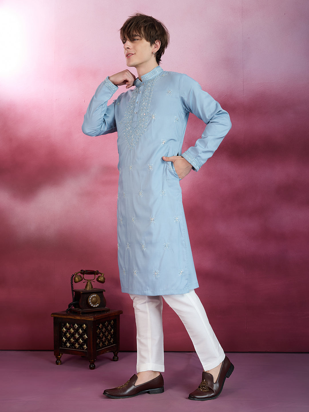 SKY BLUE NECK WORK KURTA SET