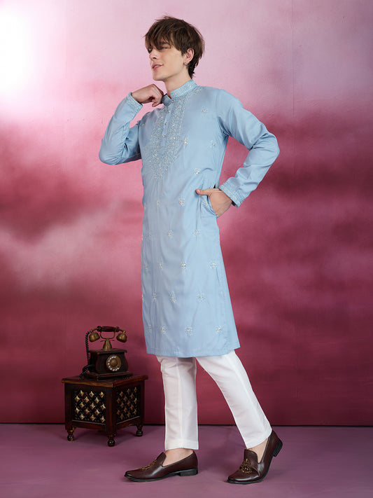 SKY BLUE NECK WORK KURTA SET