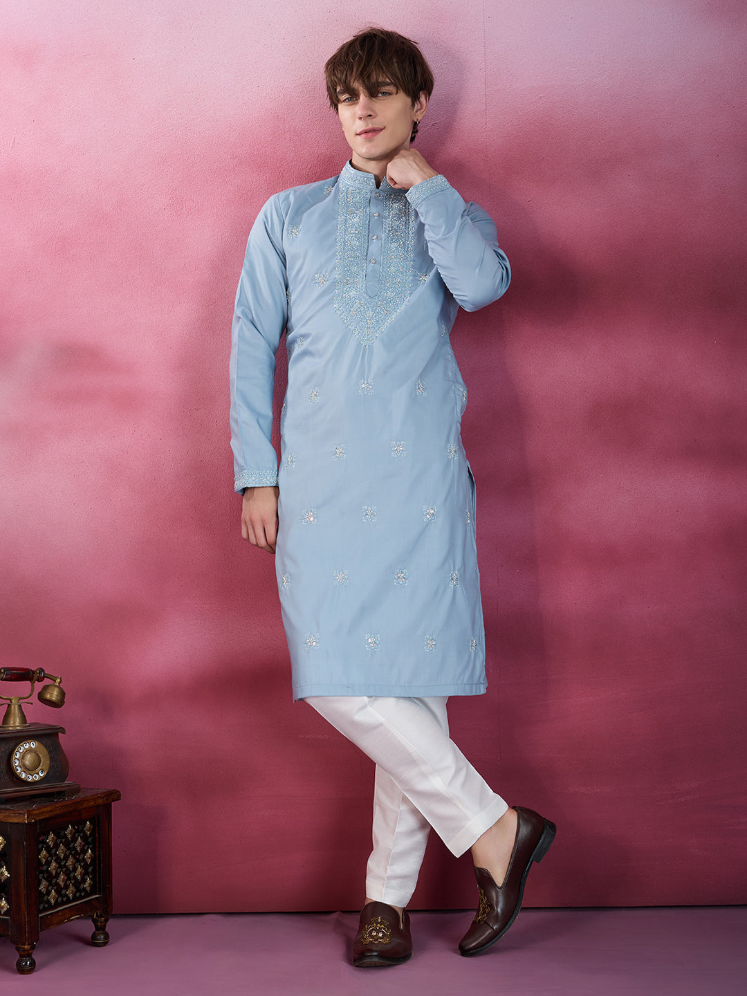 SKY BLUE NECK WORK KURTA SET