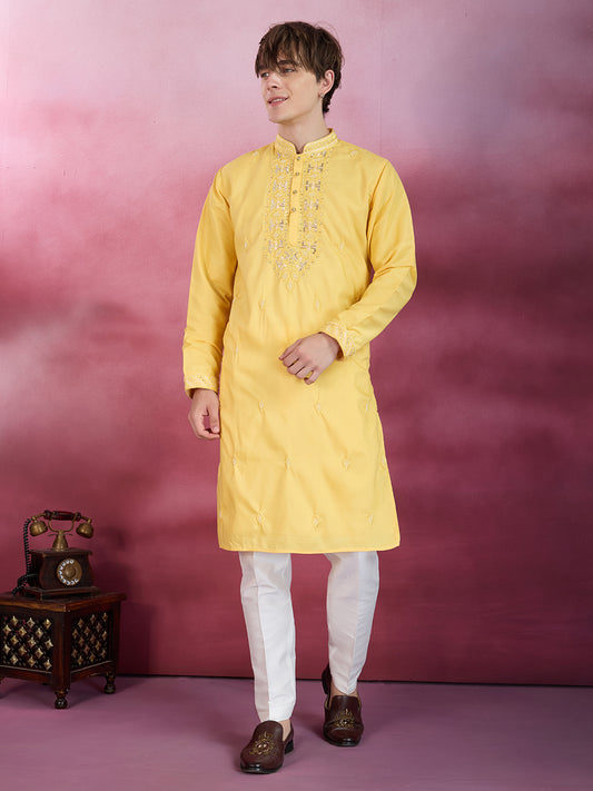 YELLOW NECK WORK KURTA SET