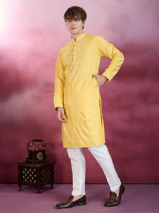 YELLOW NECK WORK KURTA SET