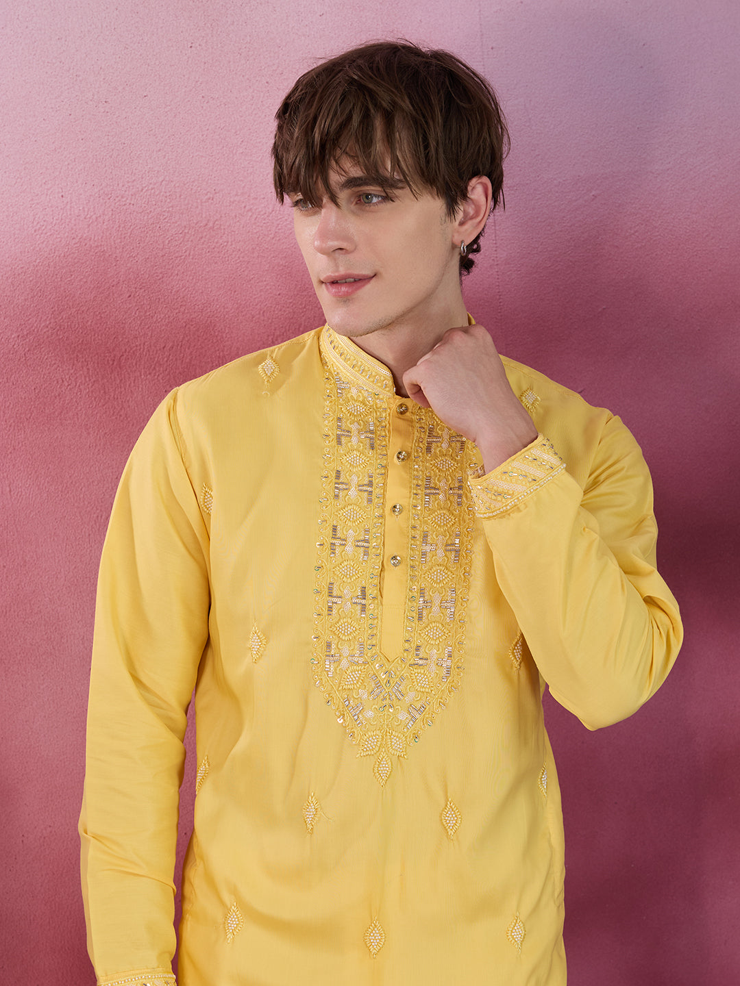 YELLOW NECK WORK KURTA SET