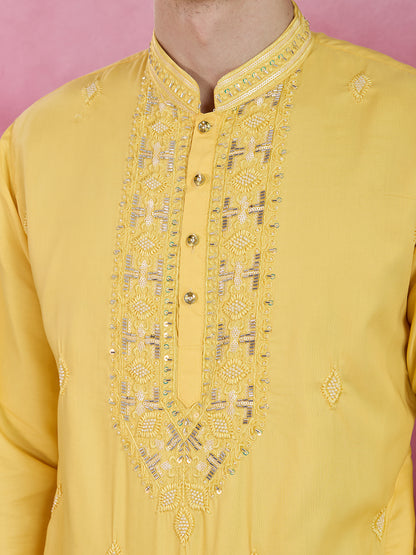 YELLOW NECK WORK KURTA SET