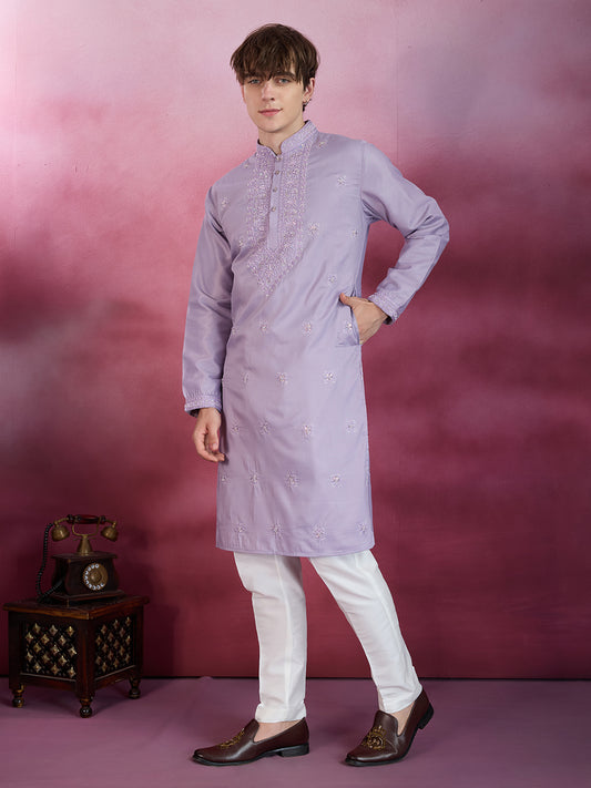 LAVENDER NECK WORK KURTA SET