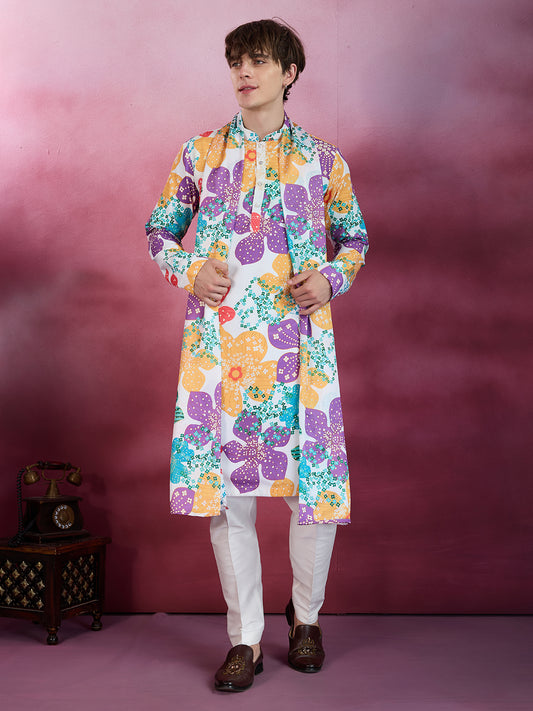 OFF WHITE PRINTED KURTA SET WITH PANT AND DUPATTA