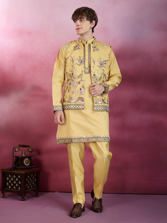 GRACE YELLOW EMBROIDERY NEHRU JACKET KURTA SET