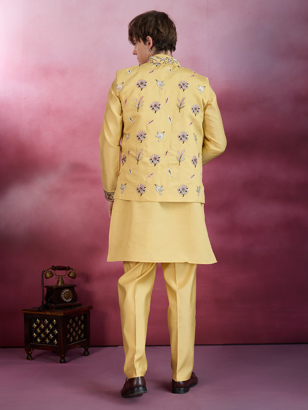 GRACE YELLOW EMBROIDERY NEHRU JACKET KURTA SET
