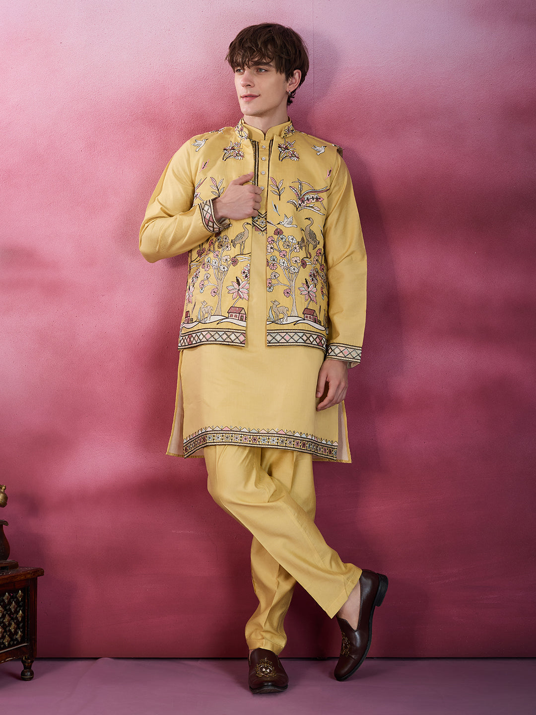 GRACE YELLOW EMBROIDERY NEHRU JACKET KURTA SET