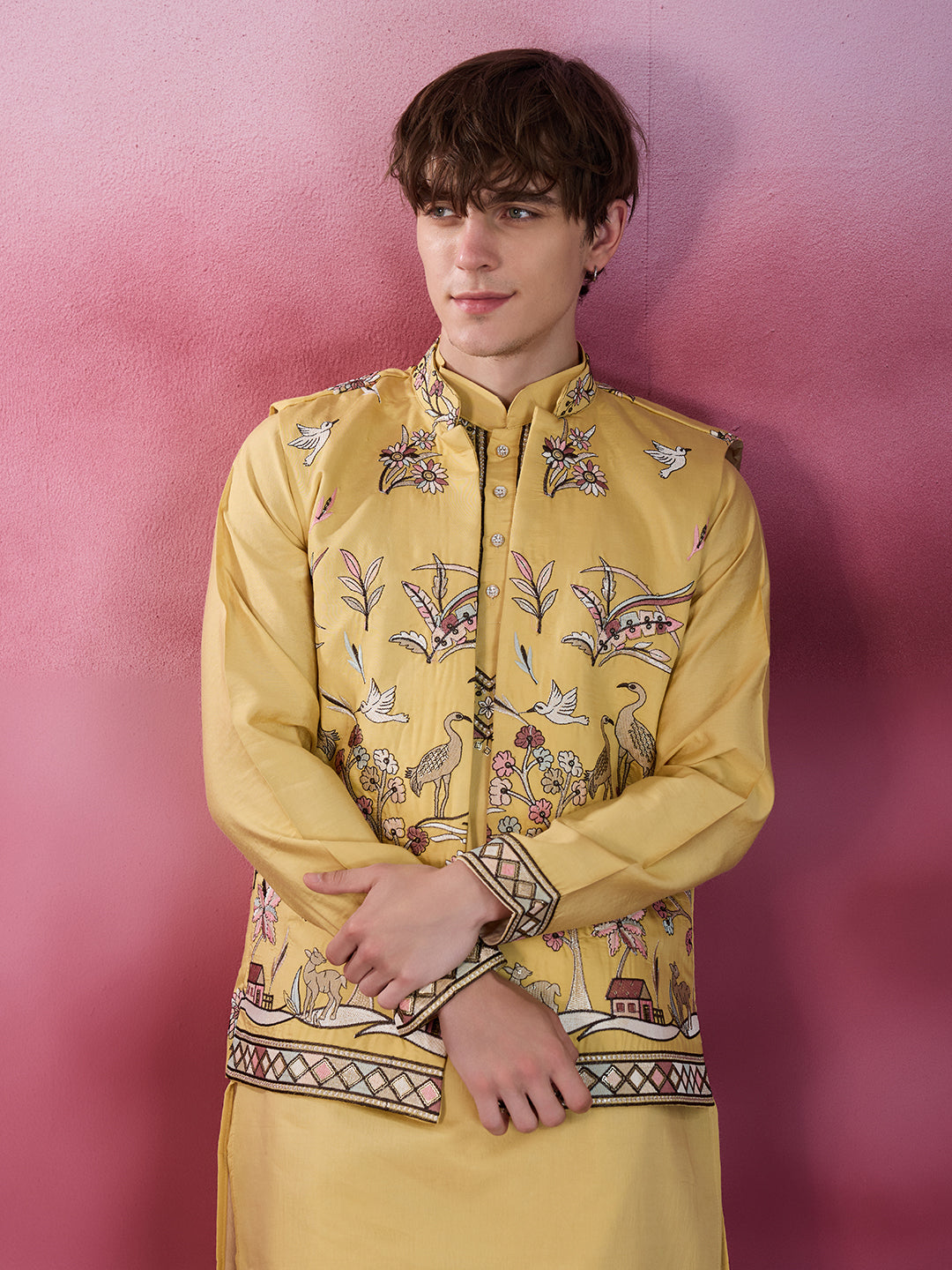 GRACE YELLOW EMBROIDERY NEHRU JACKET KURTA SET