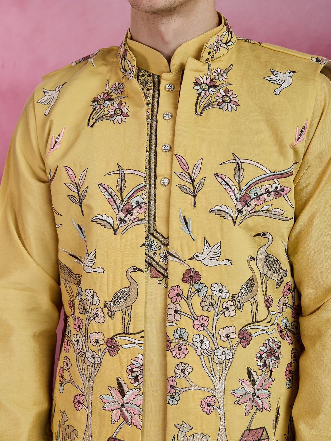 GRACE YELLOW EMBROIDERY NEHRU JACKET KURTA SET