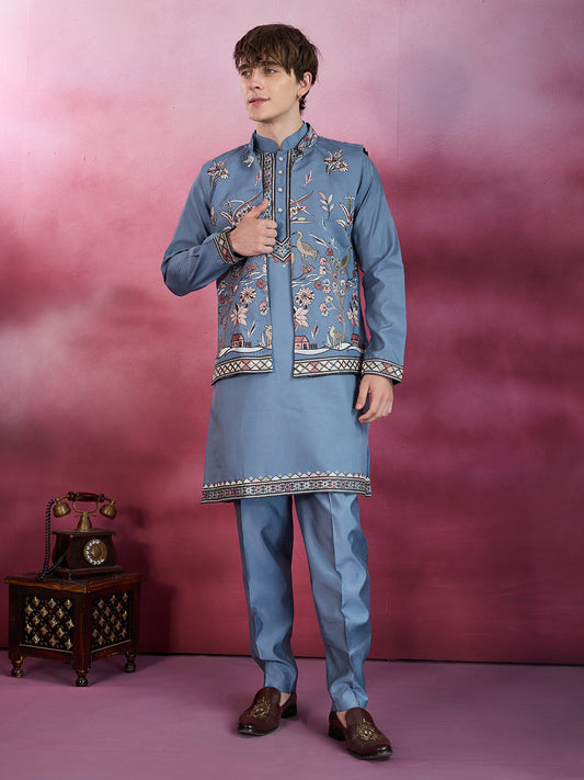 GRACE YELLOW EMBROIDERY NEHRU JACKET KURTA SET