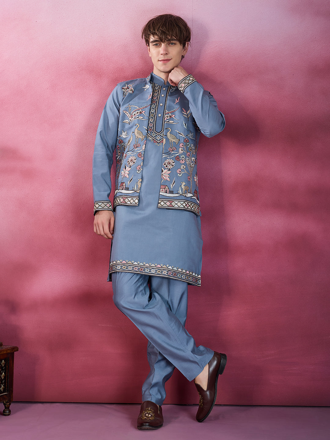 GRACE YELLOW EMBROIDERY NEHRU JACKET KURTA SET