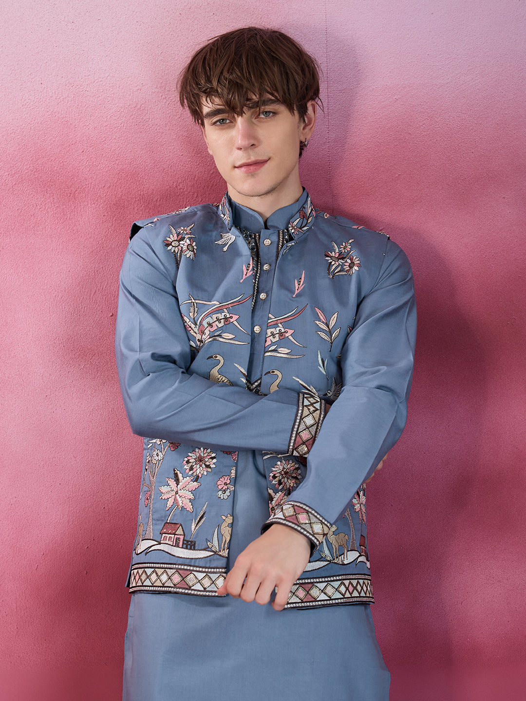 GRACE YELLOW EMBROIDERY NEHRU JACKET KURTA SET
