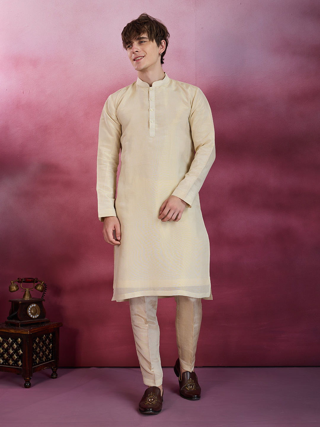 LIGHT GOLDEN TISSUE SILK EMBROIDERY PEACOCK JACKET KURTA SET