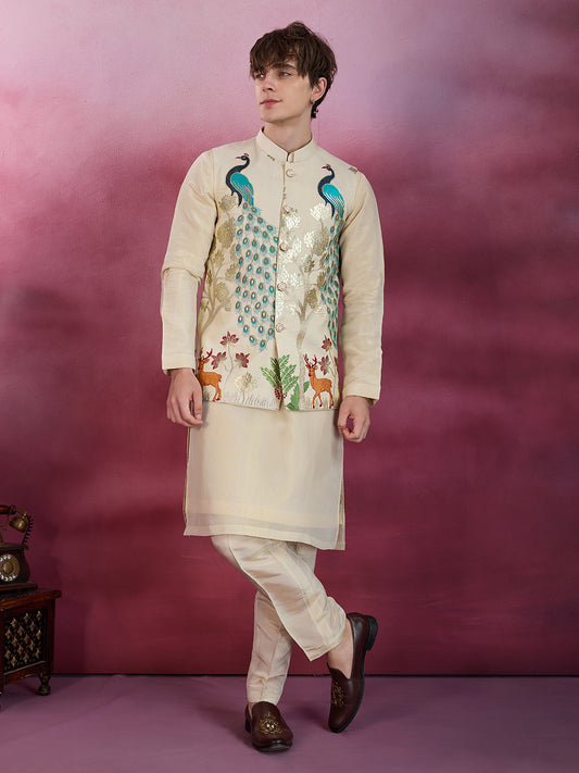 LIGHT GOLDEN TISSUE SILK EMBROIDERY PEACOCK JACKET KURTA SET
