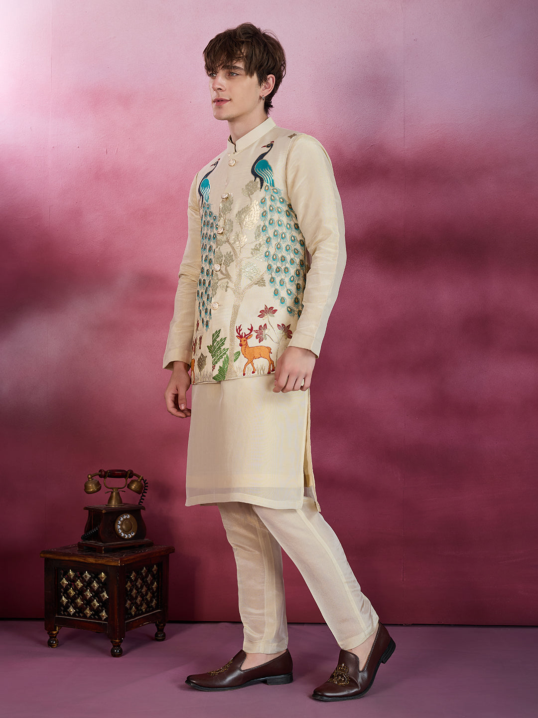 LIGHT GOLDEN TISSUE SILK EMBROIDERY PEACOCK JACKET KURTA SET