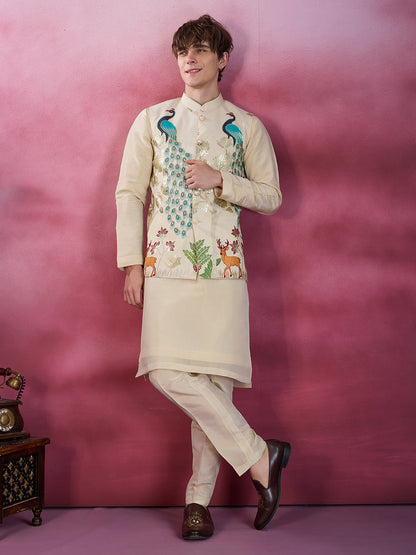 LIGHT GOLDEN TISSUE SILK EMBROIDERY PEACOCK JACKET KURTA SET
