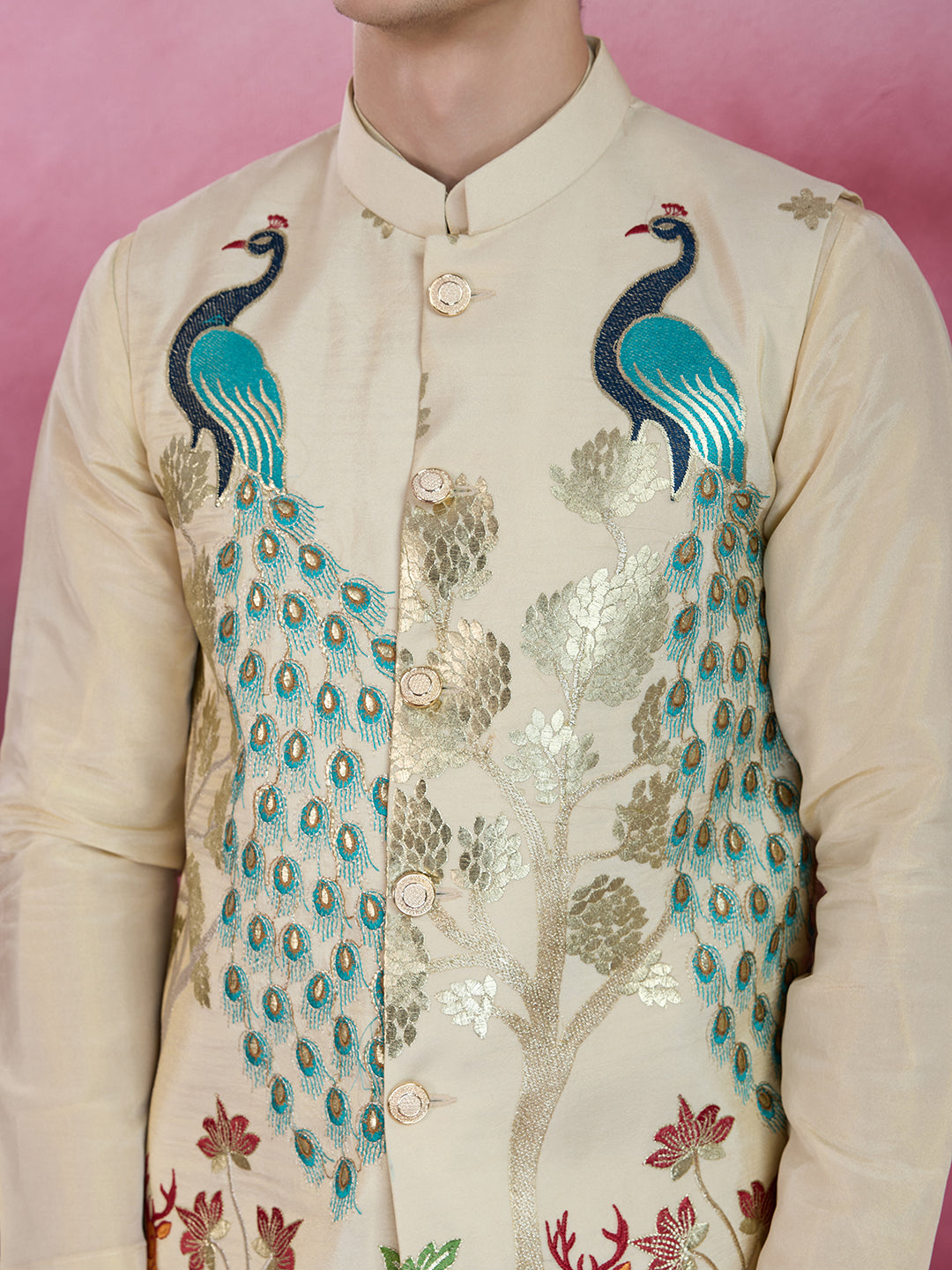 LIGHT GOLDEN TISSUE SILK EMBROIDERY PEACOCK JACKET KURTA SET